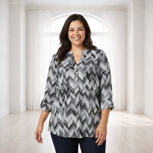 Cocomo Black White Chevron Studded Blouse Top Plus Size 2X Roll Tab Career